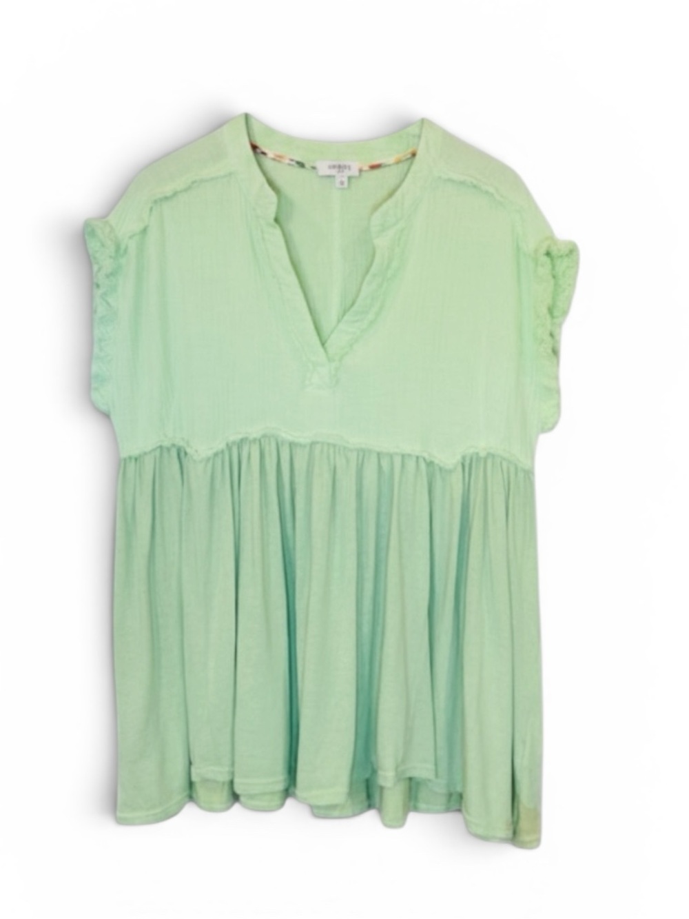 Umgee Gauzy Cotton Split Neck Peplum Babydoll Top Light Green Size Large